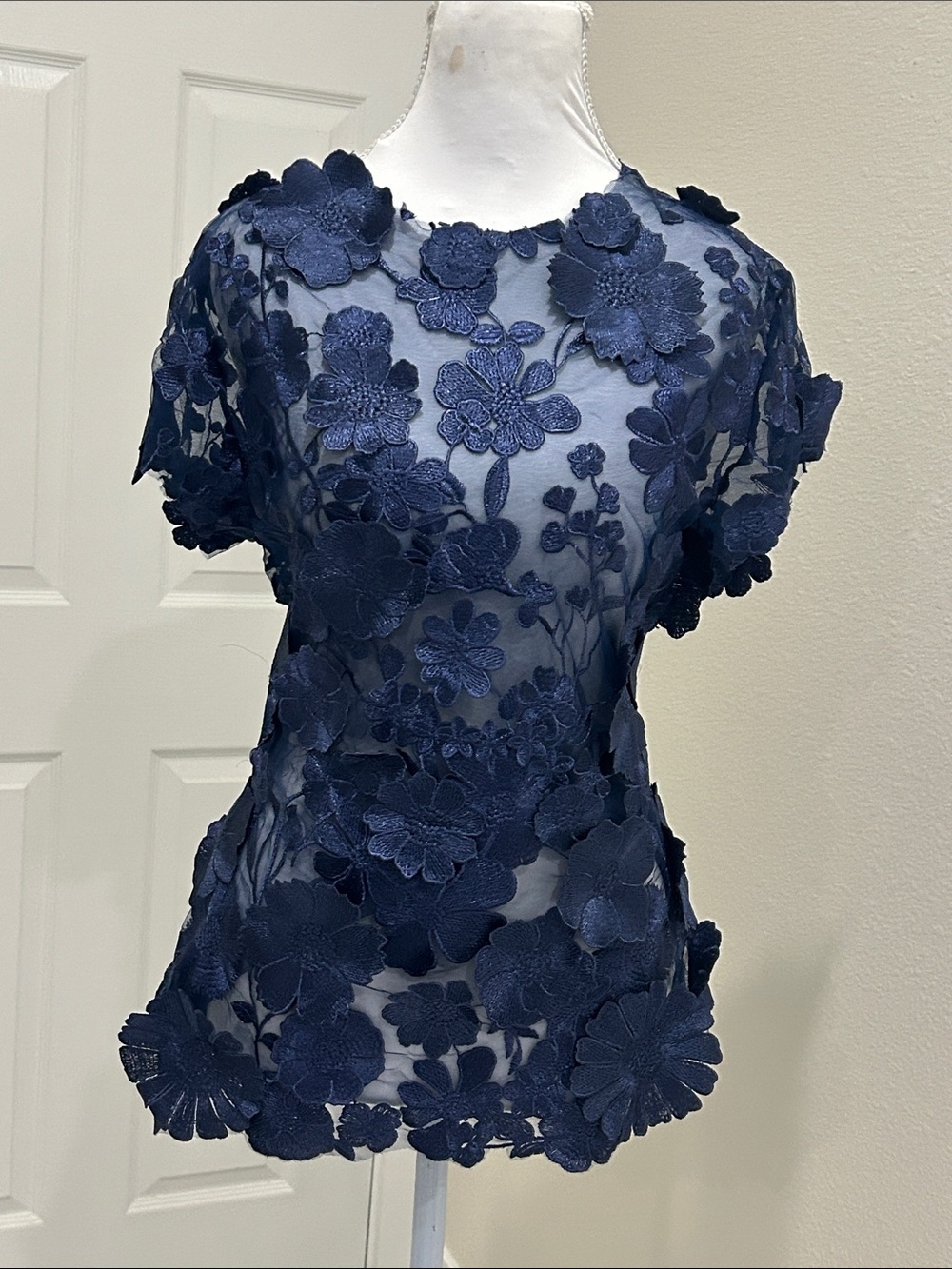Navy Floral Appliqué Short Sleeve Sheer Blouse